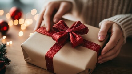 Gift Wrapped for Christmas: A pair of hands delicately tie a red ribbon bow on a beautifully wrapped gift box, surrounded by festive Christmas decorations and warm, shimmering lights. Evoking joy.