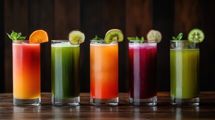 Fototapeta premium Five colorful fruit and vegetable juices in tall glasses on a wooden surface.