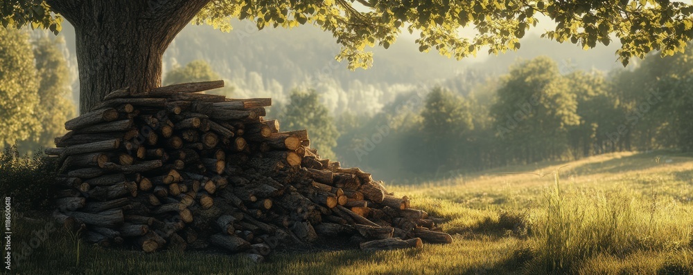 Poster rustic woodpile with tree backdrop in serene natural setting