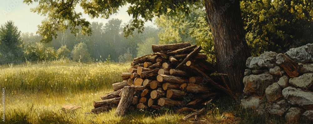 Poster rustic woodpile with tree backdrop in serene natural setting
