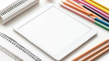 Tablet Mockup with Stationery: A clean and minimalist flat lay showcasing a white tablet with blank screen, surrounded by colorful pencils, a spiral notebook, and a rolled-up paper.