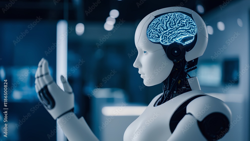 Poster robotic interaction demonstration modern tech lab digital art futuristic space side view ai conceptu