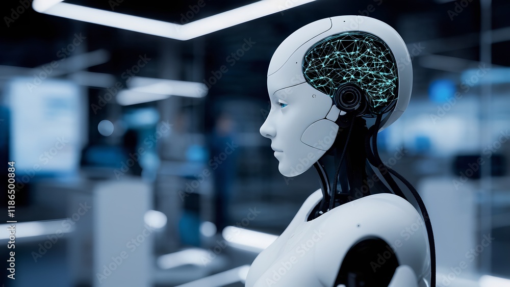 Poster exploring futuristic robotics innovation technology lab digital art modern environment close-up view