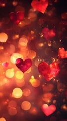 Obraz premium Soft glowing heart-shaped lights blending into a faded blush backdrop, creating a gentle romantic mood, book illustration style