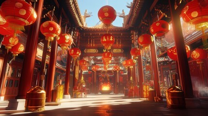 Obraz premium A Chinese temple is adorned with auspicious decorations for the Chinese New Year. Red lanterns hang from every pillar,