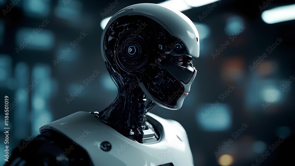 Poster futuristic robot interaction high-tech laboratory digital art sci-fi environment close-up view ai co