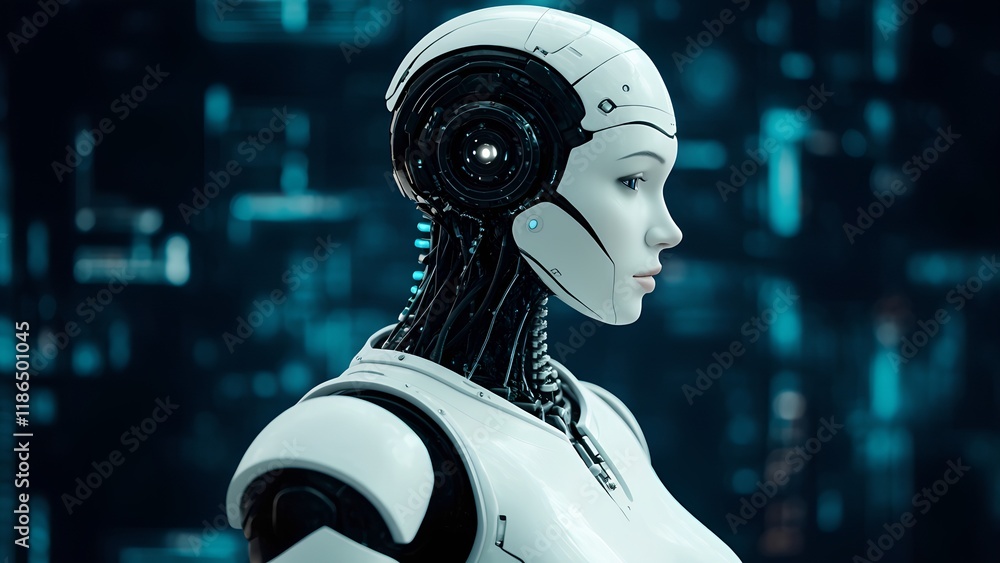 Poster exploring advanced robotics ai-powered humanoid robot profile futuristic lab digital art side view i
