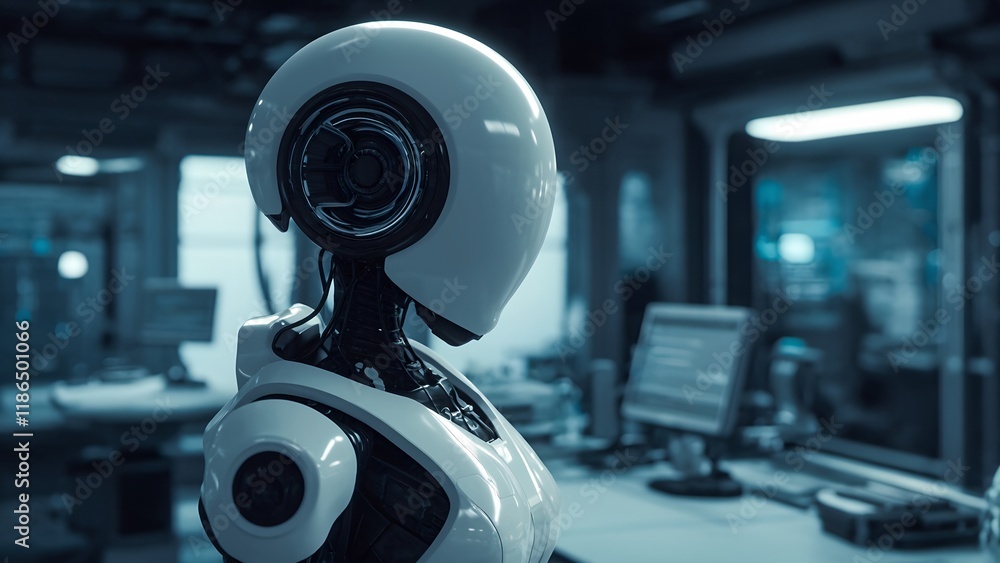Poster robotic innovation display modern laboratory technology showcase futuristic environment side view ar