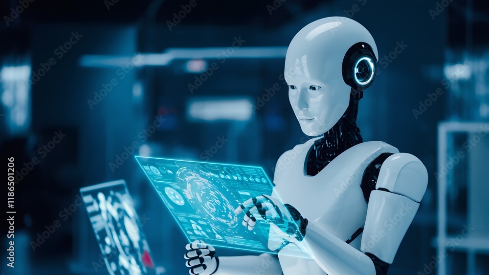 Poster robotic interaction with digital interface futuristic lab technology concept high-tech environment c