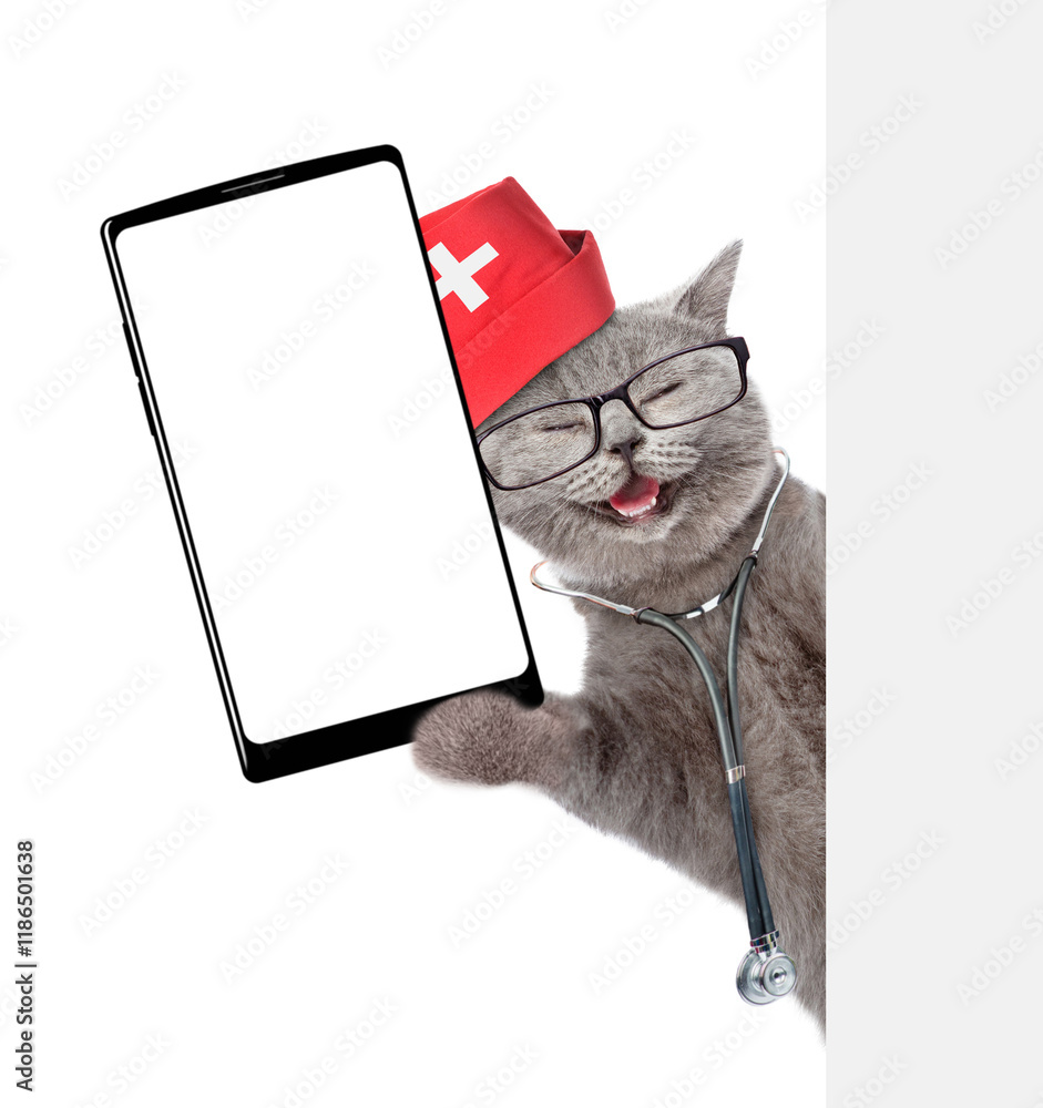 Aufkleber happy cat wearing like a doctor with stethoscope on his neck showing big smartphone with white blank