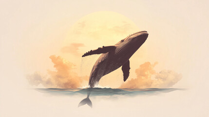 Naklejka premium A majestic whale breaching the ocean surface under a clear blue sky, minimalist.