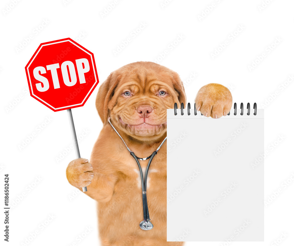 Poster funny mastiff puppy wearing like a doctor with stethoscope on his neck shows empty notebook and stop