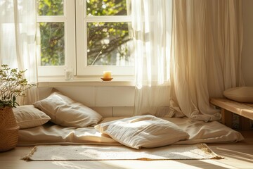 A serene, sunlit indoor space with cushions and a candle, inviting relaxation and comfort.