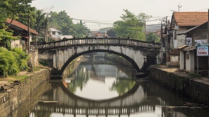 Fototapeta premium Green Metal Bridge Over Old Town Roadway