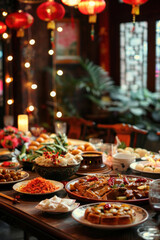 Fototapeta premium Chinese New Year decorations, serene family dinner setting, traditional dishes on the table, warm lighting, harmonious atmosphere