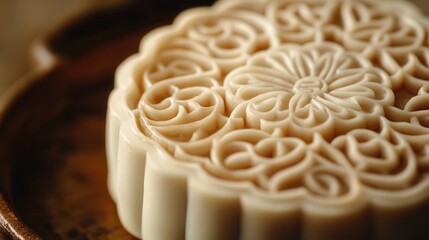 A close-up of a traditional mooncake with intricate patterns on the crust, revealing the lotus seed paste filling inside.