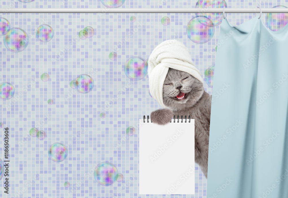 Poster Laughing cat with towel on it head peeking out from behind the curtain in the bathroom at home and showing blank notepad. Empty space for text
