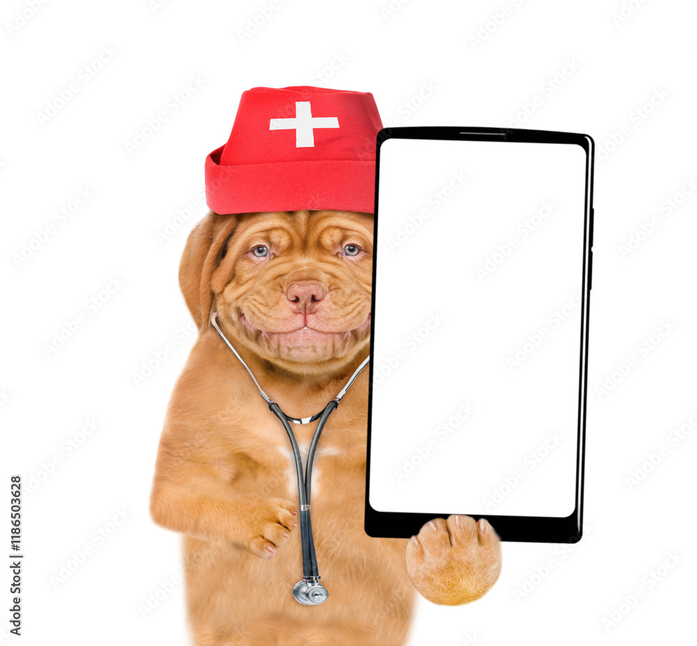 Poster smiling mastiff puppy wearing like a doctor with stethoscope on his neck showing big smartphone with