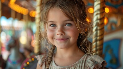 Obraz premium Kids enjoying a carousel ride at a summer fair, with colorful lights and decorations 