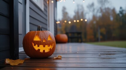 Fototapeta premium A carved pumpkin with a glowing smile sits on a wooden porch, evoking a spooky yet inviting Halloween vibe against an autumn backdrop.