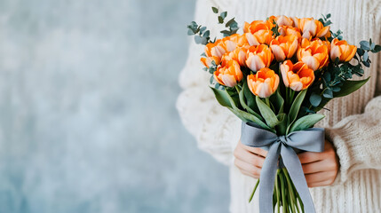 Beautiful bouquet of orange tulips held by a person in a cozy sweater against a soft background