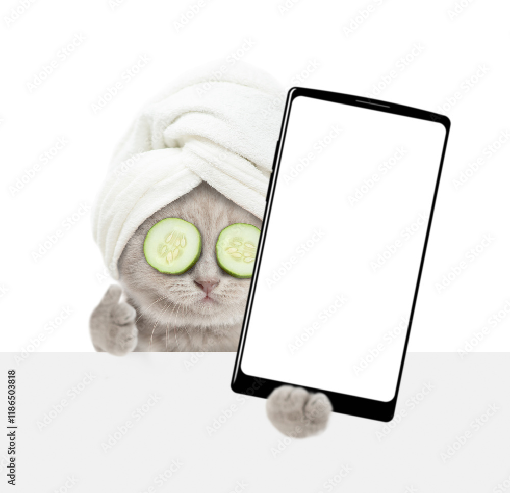 Poster Cute tiny kitten with towel on it head holds  big smartphone with white blank screen in it paw above blank white banner and shows thumbs up gesture. Empty space for text. isolated on white background