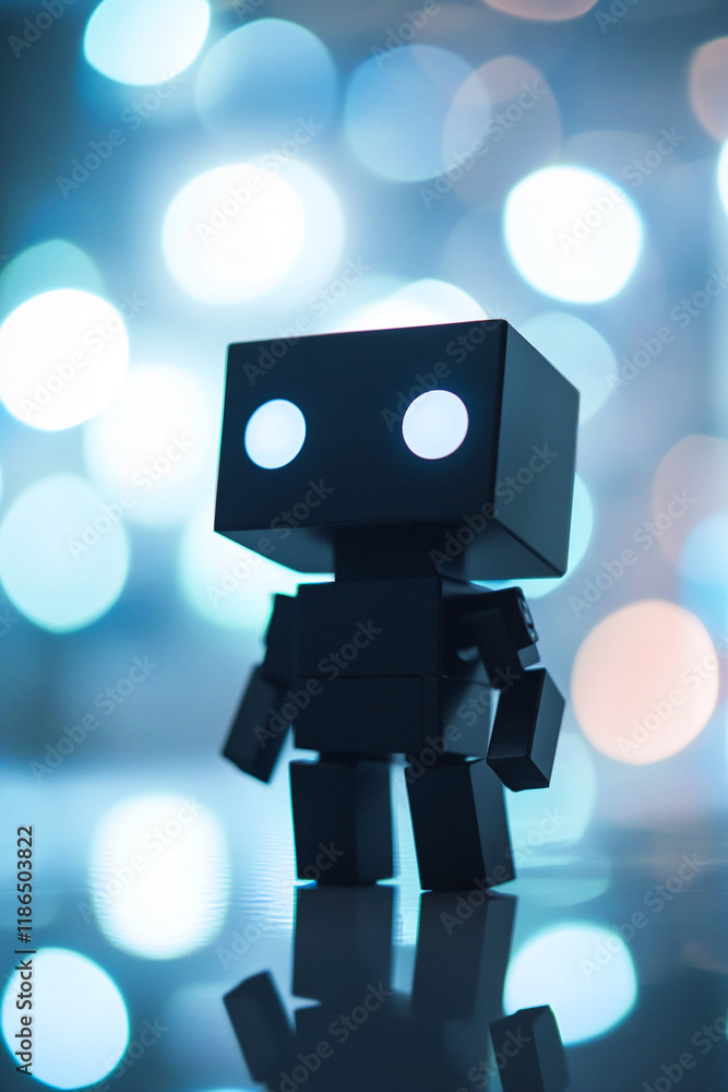 Poster Minimalistic robot figure with glowing eyes and bokeh lights background