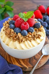 Banana nice cream topped with granola, raspberries, and blueberries in a white bowl.