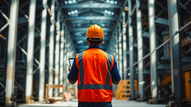 Construction Supervisor Reviewing Plans , A construction worker wearing a hard hat and orange vest examines blueprints or plans on a tablet inside a spacious industrial warehouse.