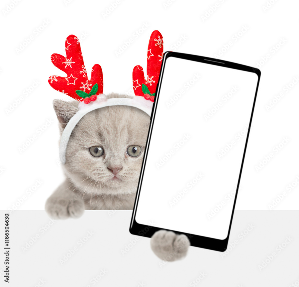 Aufkleber cute tiny kitten dressed like santa claus reindeer rudolf holding smartphone with white blank screen