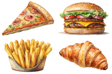 Delicious fast food, colorful watercolor style, pizza slice, hamburger with toppings, crispy French fries, flaky croissant.