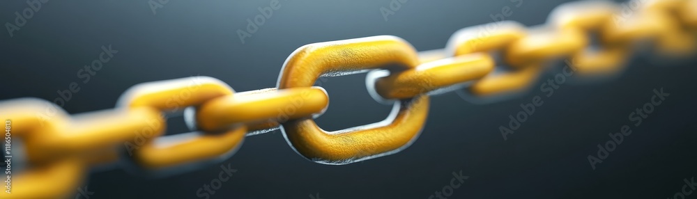 Poster strong metallic chain with highlighted yellow link, a closeup on security and connection