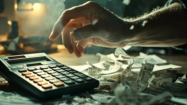 Calculating finances with bills scattered around in a dimly lit room