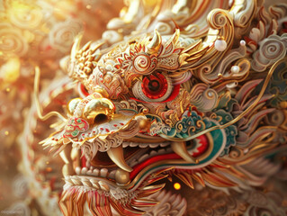 Naklejka premium Chinese New Year dragon dance, detailed close-up of traditional Chinese decorations, intricate patterns, rich textures, warm golden lighting