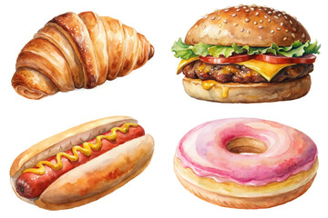Delicious food illustrations, watercolor style, croissant, hamburger, hot dog, pink donut, appetizing design.