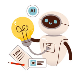 Robot generates ideas. AI robot and digital concepts. Flat vector illustration.