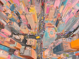 Obraz premium Vibrant aerial view of a city intersection, showcasing colorful buildings and bustling streets. Perfect for urban, travel, and cityscape themes.