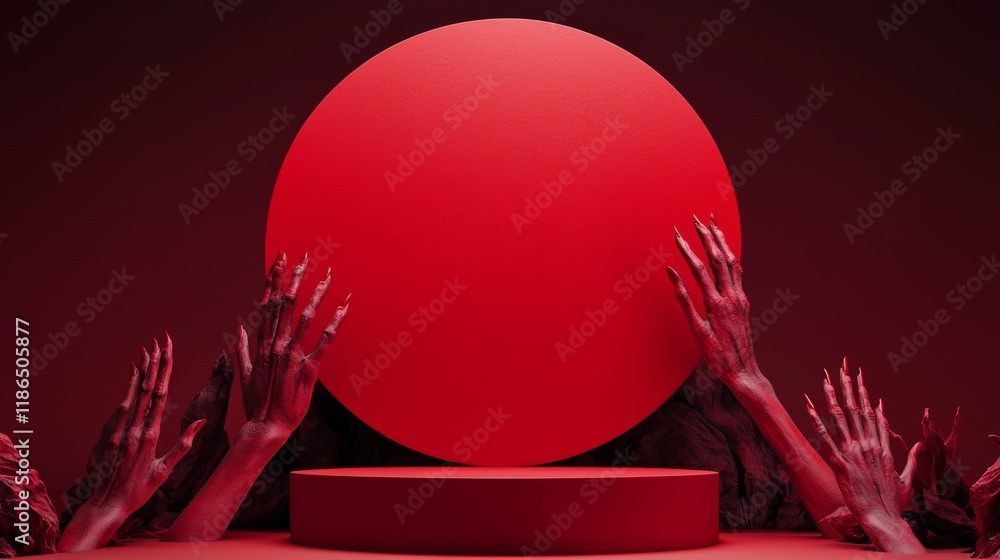 Poster minimalist surreal composition with floating red circle and abstract hands in a dark setting