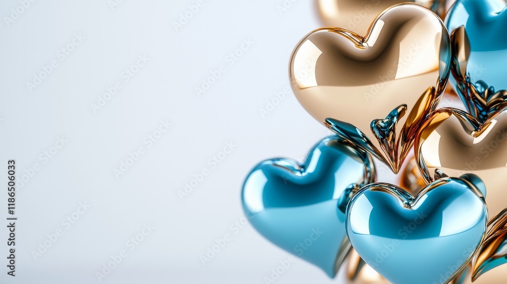 Poster minimalistic 3d composition of floating metallic gold and blue hearts in a soft background