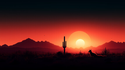 Naklejka premium A minimal desert landscape with a single cactus and a fox looking towards the horizon.