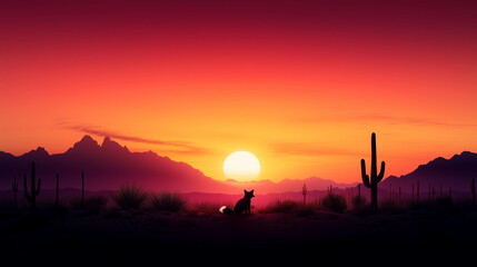 Fototapeta premium A minimal desert landscape with a single cactus and a fox looking towards the horizon.