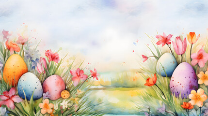 Colorful Easter eggs surrounded by blooming flowers in a serene spring landscape with a soft pastel sky. Watercolor illustration.