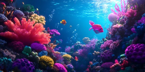 Fototapeta premium Vibrant coral reef teeming with colorful fish. Stunning underwater scene perfect for nature, travel, or marine life projects.