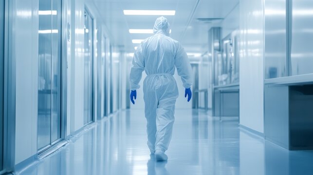 Cleanroom Corridor: A lone figure in a pristine white cleanroom suit walks down a long, sterile corridor, the image emphasizing cleanliness, precision.
