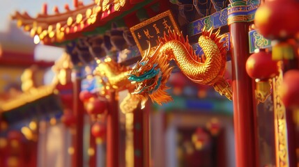 A close-up of the entrance to a Chinese temple decorated for the Chinese New Year, featuring golden dragons and colorful lanterns