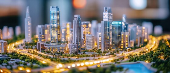 Fototapeta premium Night Cityscape Model: A Miniature Metropolis Glowing Under the Lights