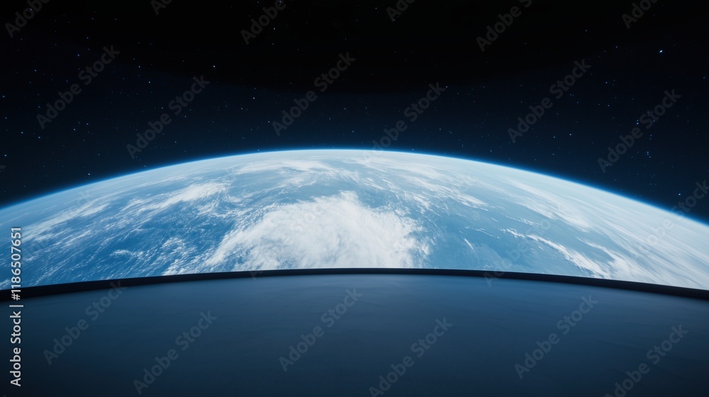 Poster earth viewed from the edge of a spacecraft with stars in the background outer space exploration scen