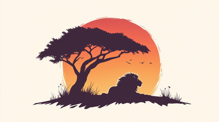 A minimalist savanna with a lion resting under an acacia tree at golden hour.
