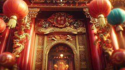 Obraz premium A close-up view of a Chinese temple gate with intricate carvings and decorations, welcoming the Chinese New Year.