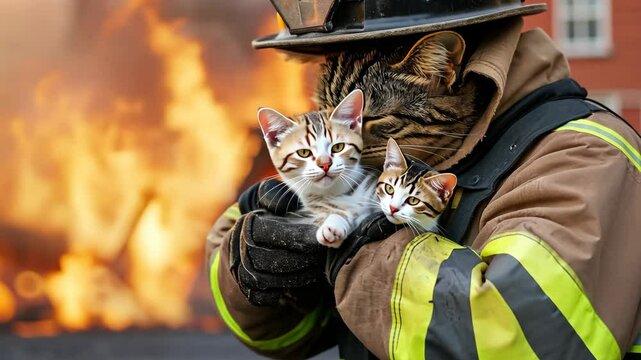 A brave firefighter saves two tiny kittens from a dangerous fire, showcasing compassion and heroism amidst chaos in a dramatic rescue